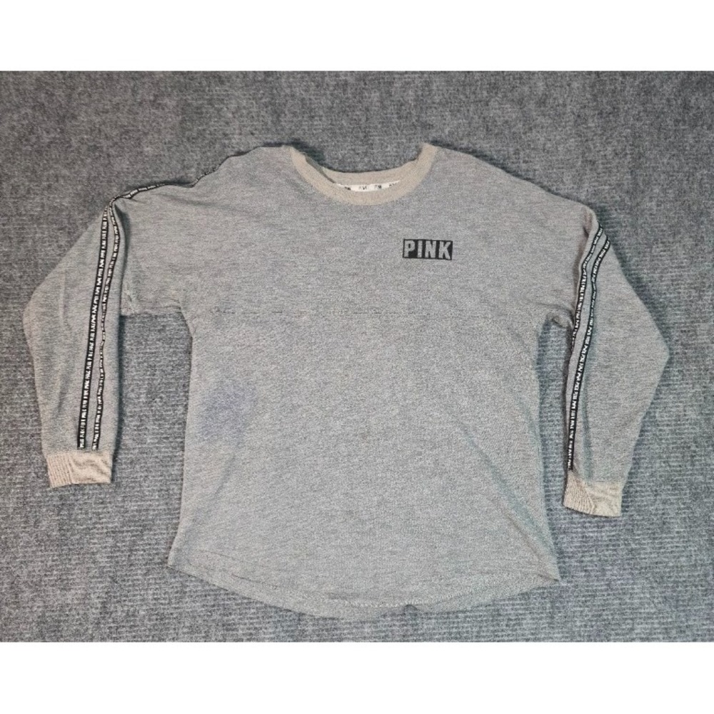 PINK Victoria's Secret Women's M Gray Long Sleeve Logo Shirt Tape Sleeve